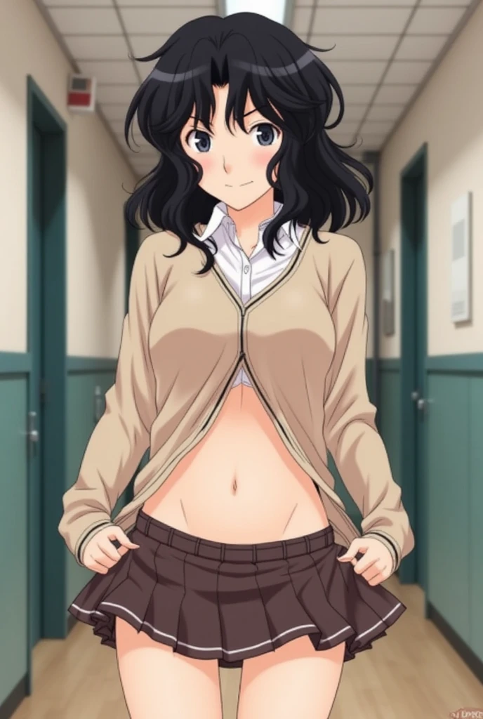 Kaoru Tanamachi(1:2),  super detailed face,  pay attention to the details with the hem of the clothes,  anatomically correct body ( beige knitwear style uniform:1.3), (Dark Brown Skirt:1.1), School corridor, Provoke by showing your stomach(1:10), Lift the hem of clothes(1:5), NSFW