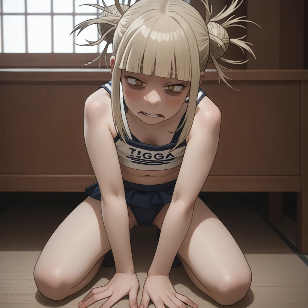 Himiko Toga, backwards, on your knees, on a chair while masturbating, blushing,  totally naked, Only underwear