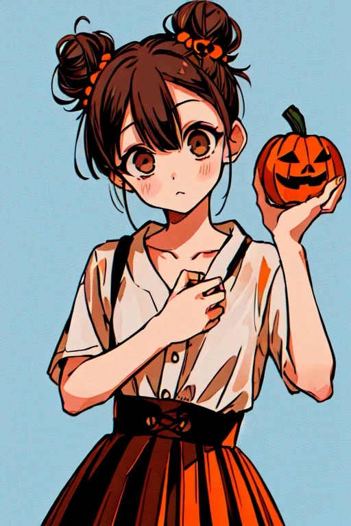 1 girl,  jack-o'-lantern,  alone ,  double bun , Bun hairstyle,  shirtผ้าลายทาง, shirt,  Hair Jewelry , pumpkin,  Halloween , striped shirt, , looking at the viewer ,  brown eyes , shirtแขนยาว,  brown hair, Holding, black skirt, skirt, :),   collarbone , shy,  upper body ,  Color background 