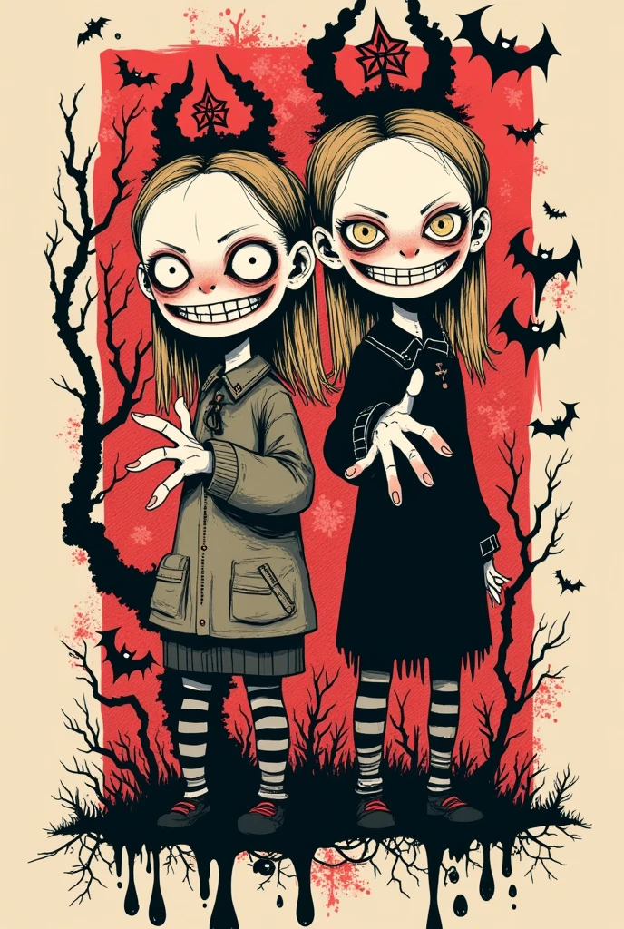 graffiti illustration：Big-eyed twins，Grin，Scary expression ， holding out a hand，mummy，Gothic Art Style ，symbol， Halloween theme
Red ink thrown out with force，Net silhouette 