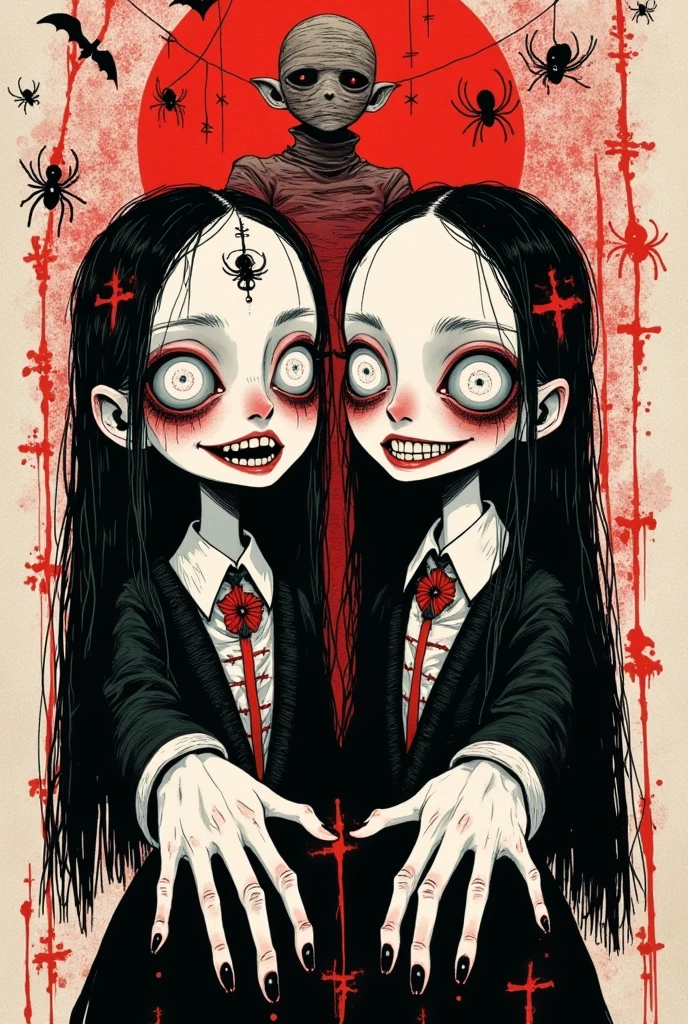 graffiti illustration：Big-eyed twins，Grin，Scary expression ， holding out a hand，mummy，Gothic Art Style ，symbol， Halloween theme
Red ink thrown out with force，Spider web silhouette