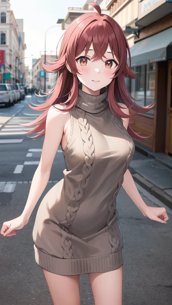 masterpiece, best quality, highres, aakaho, long hair, ahoge, turtleneck sweater, virgin killer sweater, standing, street, cowboy shot, sleeveless, sweater dress,