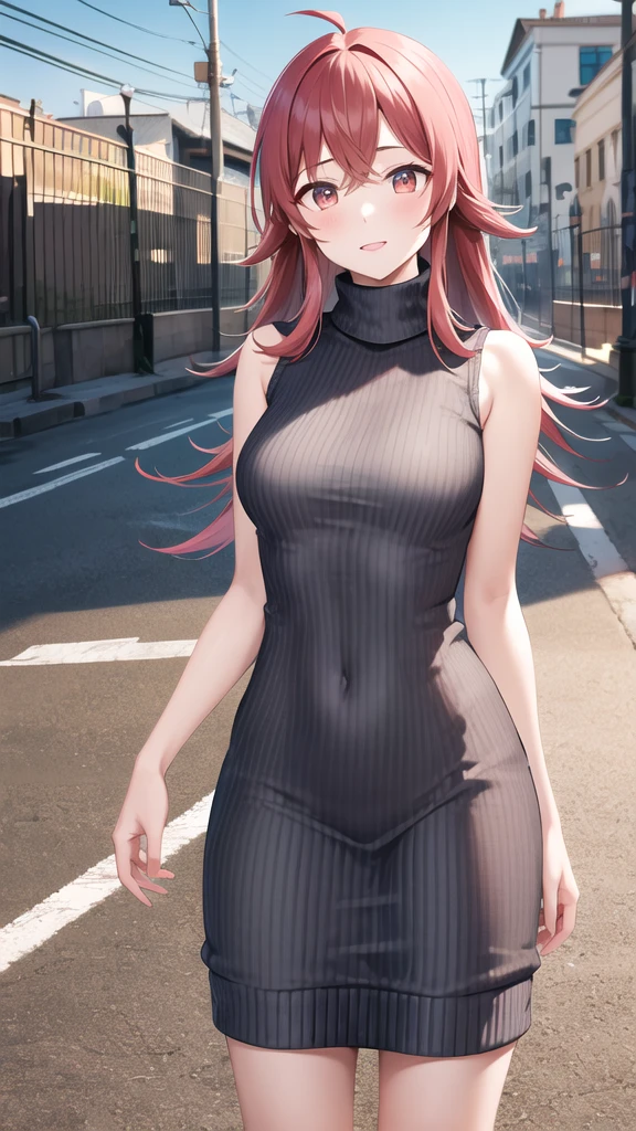 masterpiece, best quality, highres, aakaho, long hair, ahoge, turtleneck sweater, virgin killer sweater, standing, street, cowboy shot, sleeveless, sweater dress,