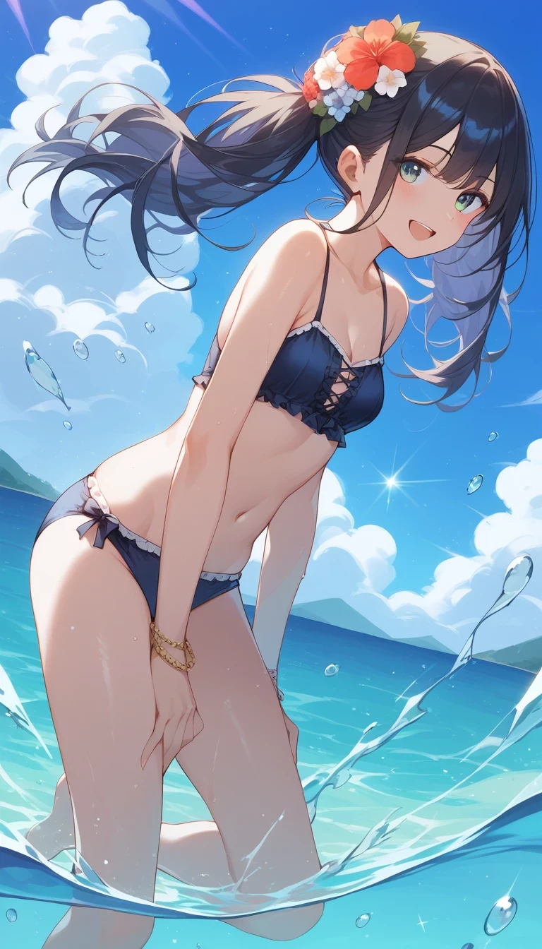 summer、Ocean、blue sky、beautiful girl、bikini、sexy、Low angle、Back view、Hip Focus