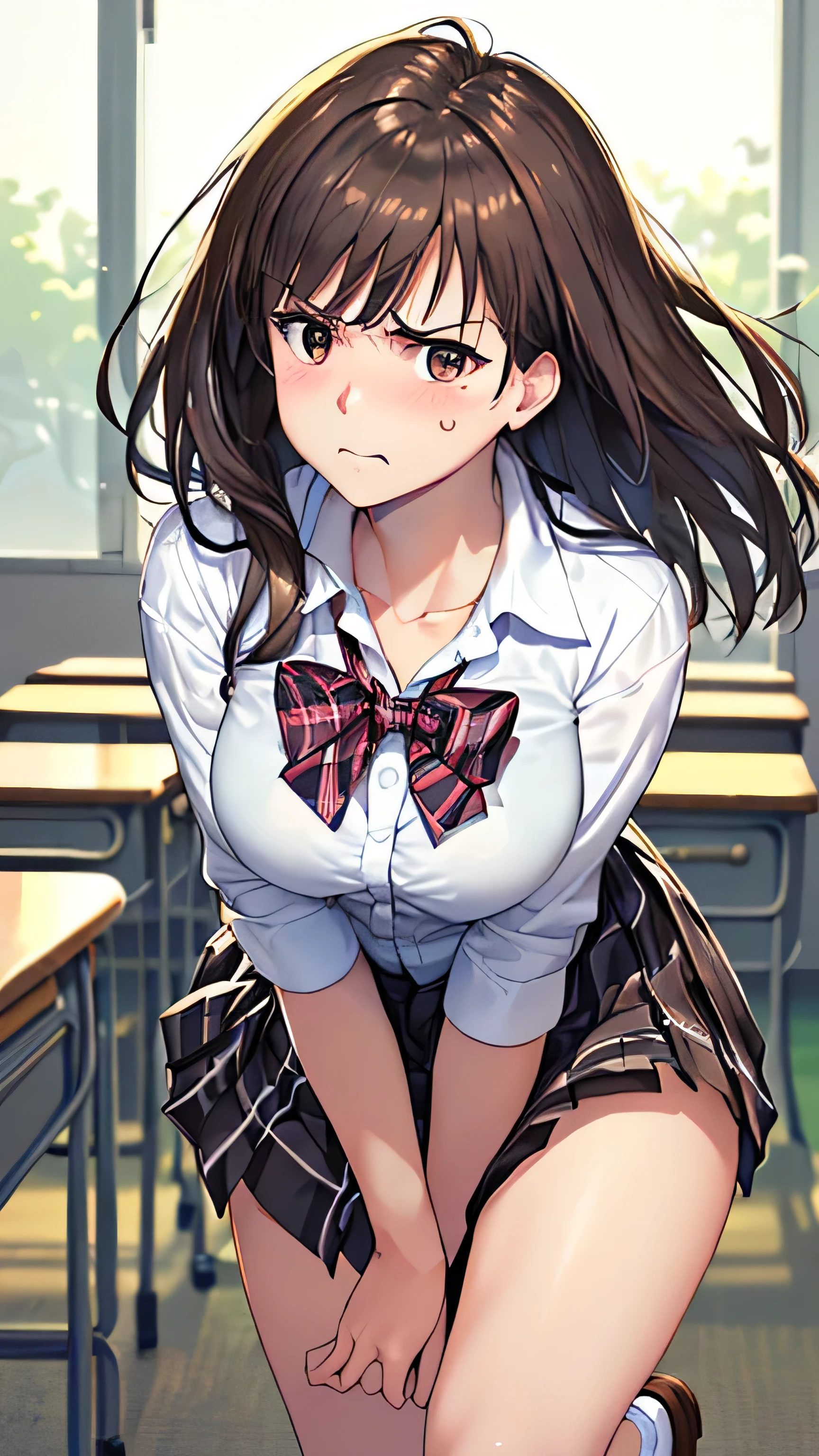 (masterpiece:1.2, for men watching pussy), (Realistic, photoRealistic:1.4), beautiful illustrations from the front, (Natural side lighting, Cinema Lighting),
show viewers , upper body, 2 girls, Japanese, High school girl, , perfect face, cute and symmetrical faces, Shiny Skin , Plump Style、(('The skirt is fluttering in the wind)))、
( dark brown hair、 straight hair), asymmetrical bang, Brown Eyes , long eyelashes, ( medium sized breasts),
Beautiful Hair, Beautiful Face, Beautiful details, Beautiful clavicle, Beautiful body, Beautiful breasts, Beautiful Thighs, beautiful legs with tails, Beautiful fingers,
((Detailed clothing textures、 white shirt , plaid pleated skirt、White socks、、 brown loafers ), dark red bow tie ), (((、Wind lift)))、Hunchback、Leaning forward
, , (High school classroom), (、、 embarrassing、A little angry face、Staring up at someone),A blushing, embarrassed expression