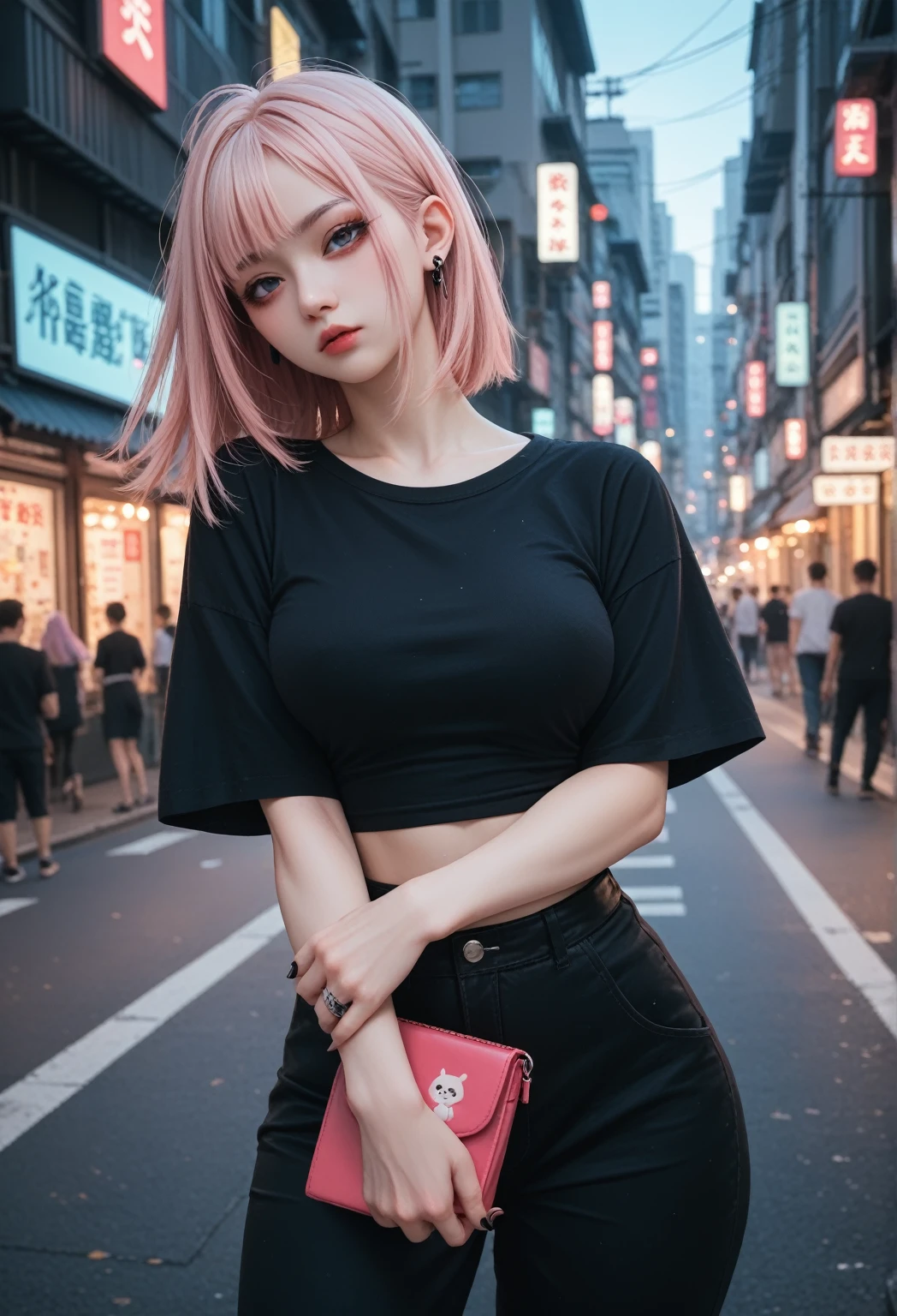 1 girl,Japanese,light pink hair,busty,goth make,city