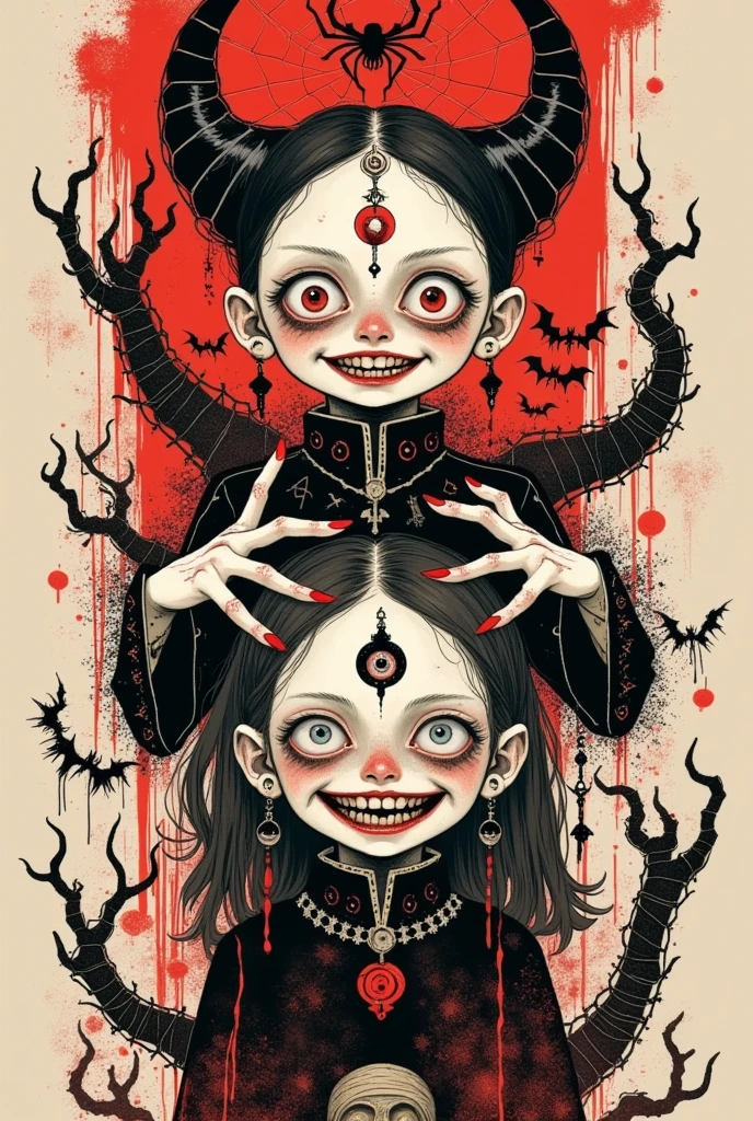 graffiti illustration：Big-eyed twins，Grin，Scary expression ，Reach out a hand，mummy，Gothic Art Style ，symbol，Halloween theme
Red ink thrown out with force，Spider web silhouette