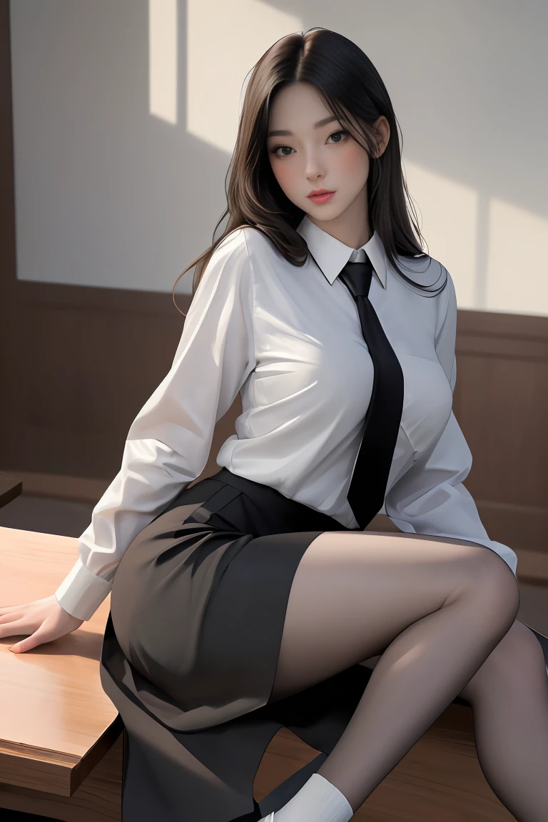 (8k, RAW Photos, Highest quality, masterpiece:1.2), (Genuine、Realistic:1.37), 1girl, korean, medium breasts, wide hips, forehead, black long stright hair, black eyes, blush, grey micro pencil skirt, black long necktie, long sleeve collared white shirt, (black pantyhose), white ankle socks, converse shoes, from side, {female focus}, {{{{{best quality}}}}}, masterpiece, highres, very aesthetic, shiny skin, {{{detailed skin}}}, shade, empty class room background, sit on table, best quality, amazing quality, very aesthetic, absurdres