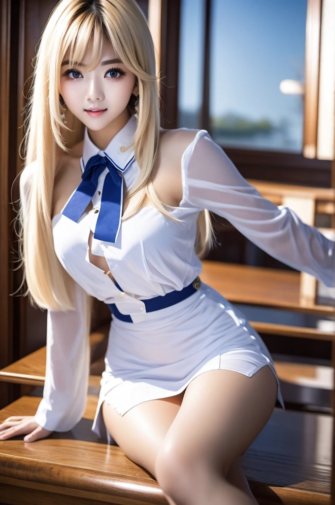 top-quality、masterpiece、超A high resolution、(Photorealsitic:1.4)、Raw foto、1 girl in、a blond、full body Esbian、large full breasts、Ultra exposed cleavage、erotick、Erotic look、gargantilha、二重まぶた、Loose and fluffy perm、semi long hair、student clothes、a miniskirt、JK Ribbon、Thin, Skinny clothes
