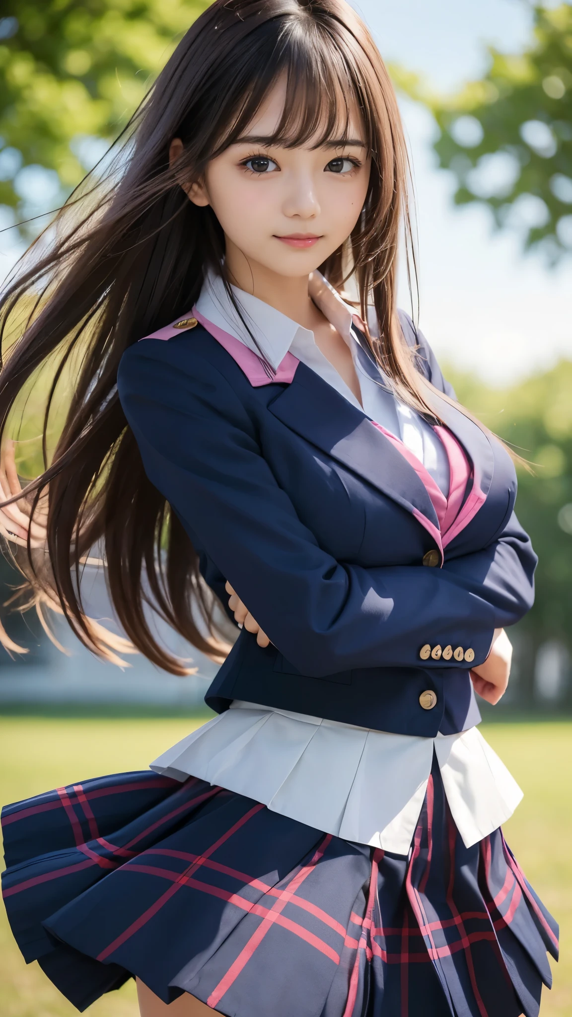 8k, Best Quality, Real photo, complicated details, very detailed , ultra high resolution , Depth Field,(Realistic,Realistic:1.2), ((Bust Top)) , Full Body Shot , From the middle, 1 girl, eye_Chan, Very beautiful high school girl , innocent big eyes, ( very detailed なeyeと顔:1.2)、(Beautiful breasts:1.2)、((Brown Hair))、( semi-long hair), Asymmetrical bangs , Perfect Skin, white skin, Small breasts, Thin Waist, Alone, and watch the audience, (smile), ((Cross your arms in front of your chest 、behave arrogantly)), ((楽しそうなsmile)), ((Perfect hand shape)), (Wearing a navy blue blazer uniform:1.3), standing in the park, (Skirt flipped up by the wind:1.4, Hair blowing in the wind:1.4), ((navy blue and pink plaid mini skirt:1.1), (((Armament)))