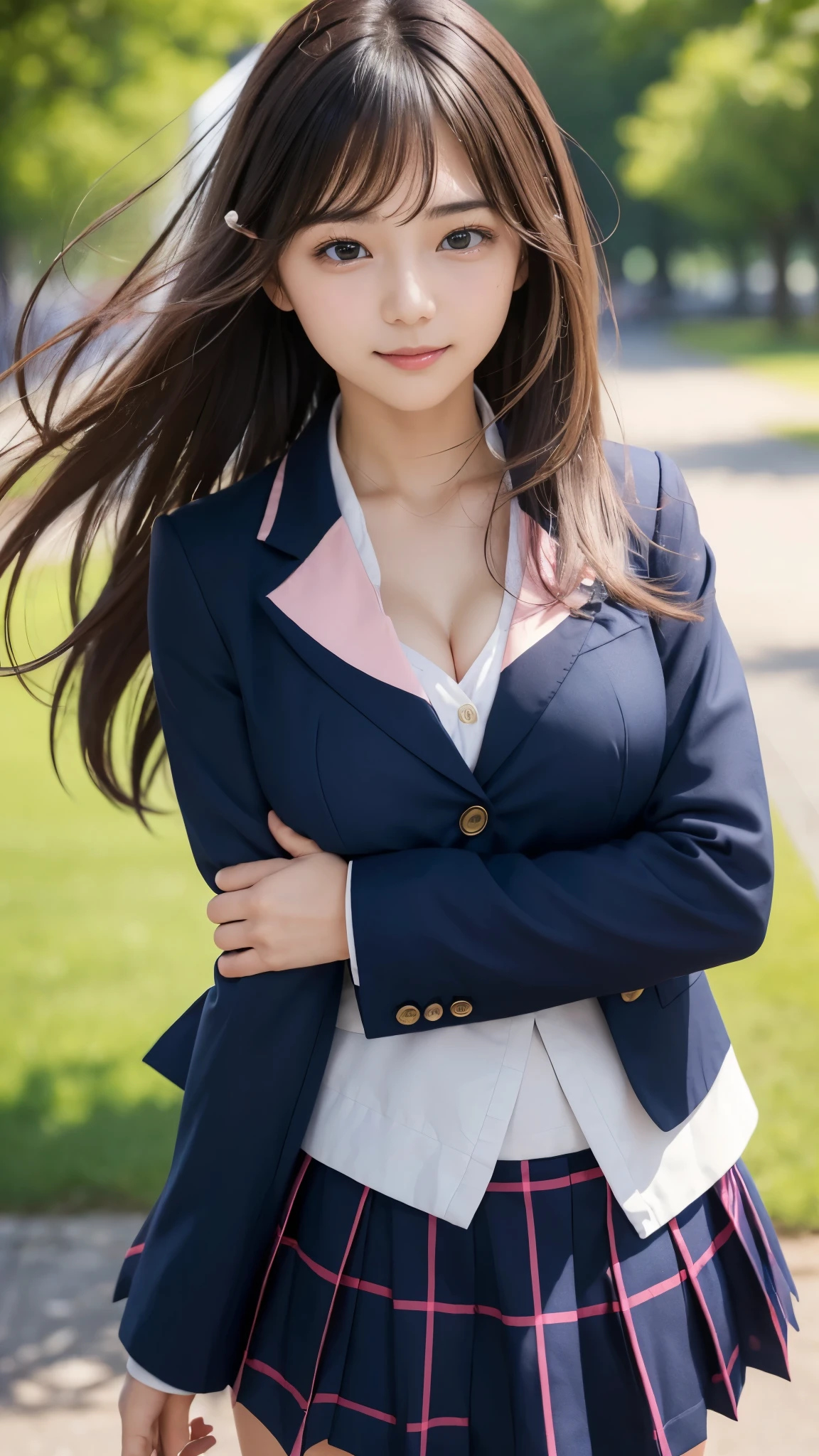 8k, Best Quality, Real photo, complicated details, very detailed , ultra high resolution , Depth Field,(Realistic,Realistic:1.2), ((Bust Top)) , Full Body Shot , From the middle, 1 girl, eye_Chan, Very beautiful high school girl , innocent big eyes, ( very detailed なeyeと顔:1.2)、(Beautiful breasts:1.2)、((Brown Hair))、( semi-long hair), Asymmetrical bangs , Perfect Skin, white skin, Small breasts, Thin Waist, Alone, and watch the audience, (smile), ((Cross your arms in front of your chest 、behave arrogantly)), ((楽しそうなsmile)), ((Perfect hand shape)), (Wearing a navy blue blazer uniform:1.3), standing in the park, (Skirt flipped up by the wind:1.4, Hair blowing in the wind:1.4), ((navy blue and pink plaid mini skirt:1.1), (((Armament)))