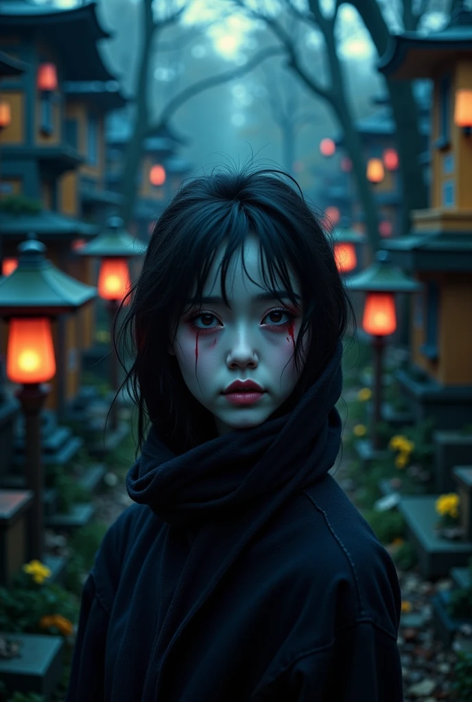 a ghostly girl in a japanese cemetery at night, beautiful detailed eyes, beautiful detailed lips, extremely detailed eyes and face, long eyelashes, ghost, supernatural, dark atmosphere, (best quality, 4k, 8k, highres, masterpiece:1.2), ultra-detailed, (realistic, photorealistic, photo-realistic:1.37), HDR, UHD, studio lighting, ultra-fine painting, sharp focus, physically-based rendering, extreme detail description, professional, vivid colors, bokeh, horror, fantasy, dark, moody, dramatic lighting