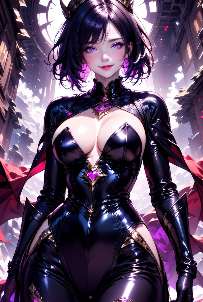  mature beautiful woman ,(Best Quality, very detailed depiction , Incredibly Absurd High Definition , Sharp Teeth Like a Beast ,Curvaceous, contrast between light and dark , Artistic Photography, delicate and dynamic texture ,High quality anime drawings:2.0),( Fitted Patent Leather Outfits :1.5,Black Shiny Clothes 2 .0, knee-high socks, High Heel Boots ,Opera Gloves,Leather Choker, fishnet tights),( Shiny Silky Short Hair ,Glowing purple eyes,Crazy Eyes:2.3, Eyes Half Closed :2.0, eyeshadow, big chest,Wicked Smile:2.5,Shiny purple lips,Shadowed face,Seductive gestures, Pottery Skin ),(holding a whip in his hand:2.0),whole body, where the opening is ,From below:2.0