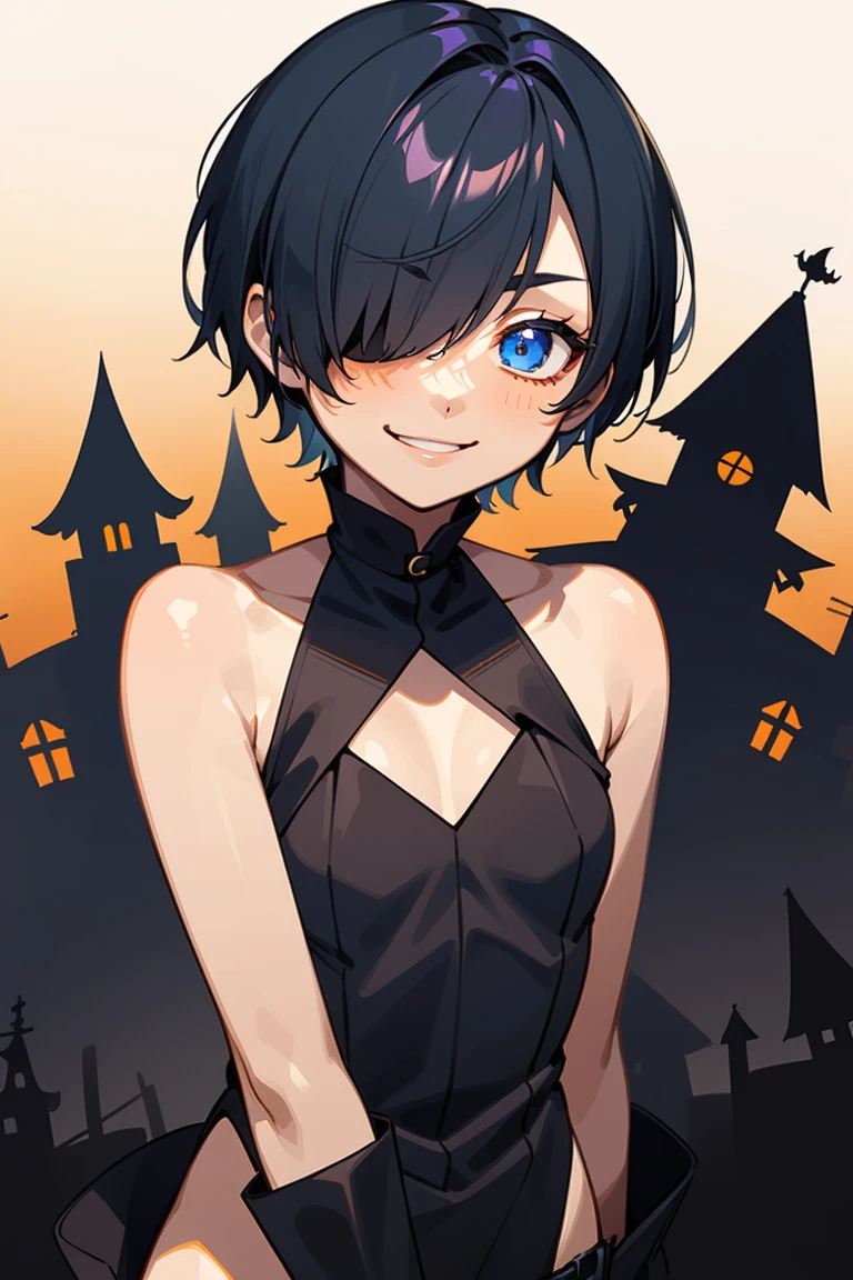   boy、 Asymmetrical bangs 、Bangs covering the right eye、Side Short Hair、 dark blue short hair 、 dark blue hair、 look up with the naked eye 、 halloween costume(black and orange and purple hunter costume)、Dark blue eyes、 dark blue hairHair over right eye、A mischievous smile、、Front View、Halloween party background