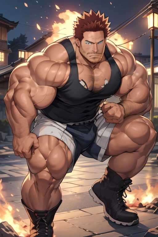 Endeavor from My Hero Academia, covered in flames, full body, Japanese, (7 daddy:1.1), (big shoulders), musculature, strong physique, thick muscler (Detailed body), realistic blue eyes, deadpan,lighting, (Best quality, A high resolution, Photorealistic), Cinematic lighting, Masterpiece, RAW photo, Intricate details, hdr, depth of field,, (realistic:1.4), (from the front), Huge nice genital bulgingl area, Huge bulge, 8K. 4K, torn costume, broken boots, Endeavor, male focus, mature male, muscular male, spiked hair, red hair, blue eyes, scar, stubble, tight black tank top, large pectorals,