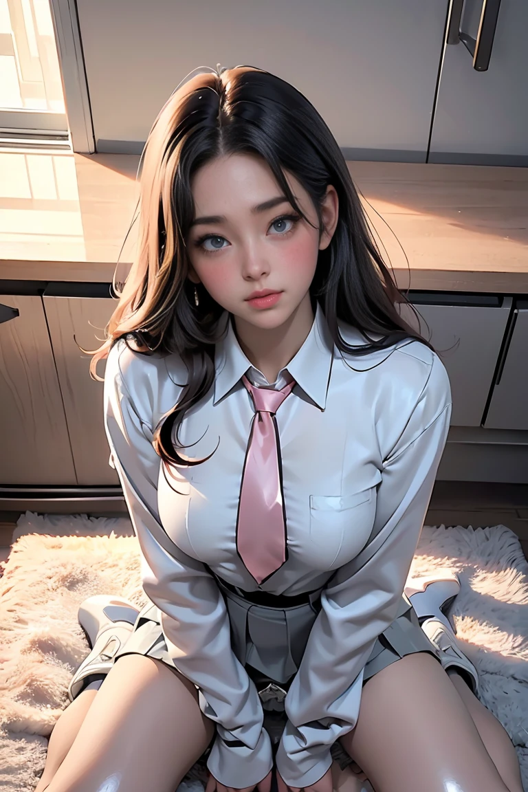 (8k, RAW Photos, Highest quality, masterpiece:1.2)、(Genuine、Realistic:1.37)、1 person、korean, black long stright hair, black eyes, (a 18years old cute pretty korean girl kneeling, grey micro pencil skirt, black long necktie, long sleeve collared white shirt, white ankle socks, converse shoes,)、((looking up, looking at viewer, Top Angle, from above))、(grey tight line micro skirt, White panties), (shiny skin:1.37), medium_breasts, wide hips, cameltoe, Body blush, (blush:1.37)