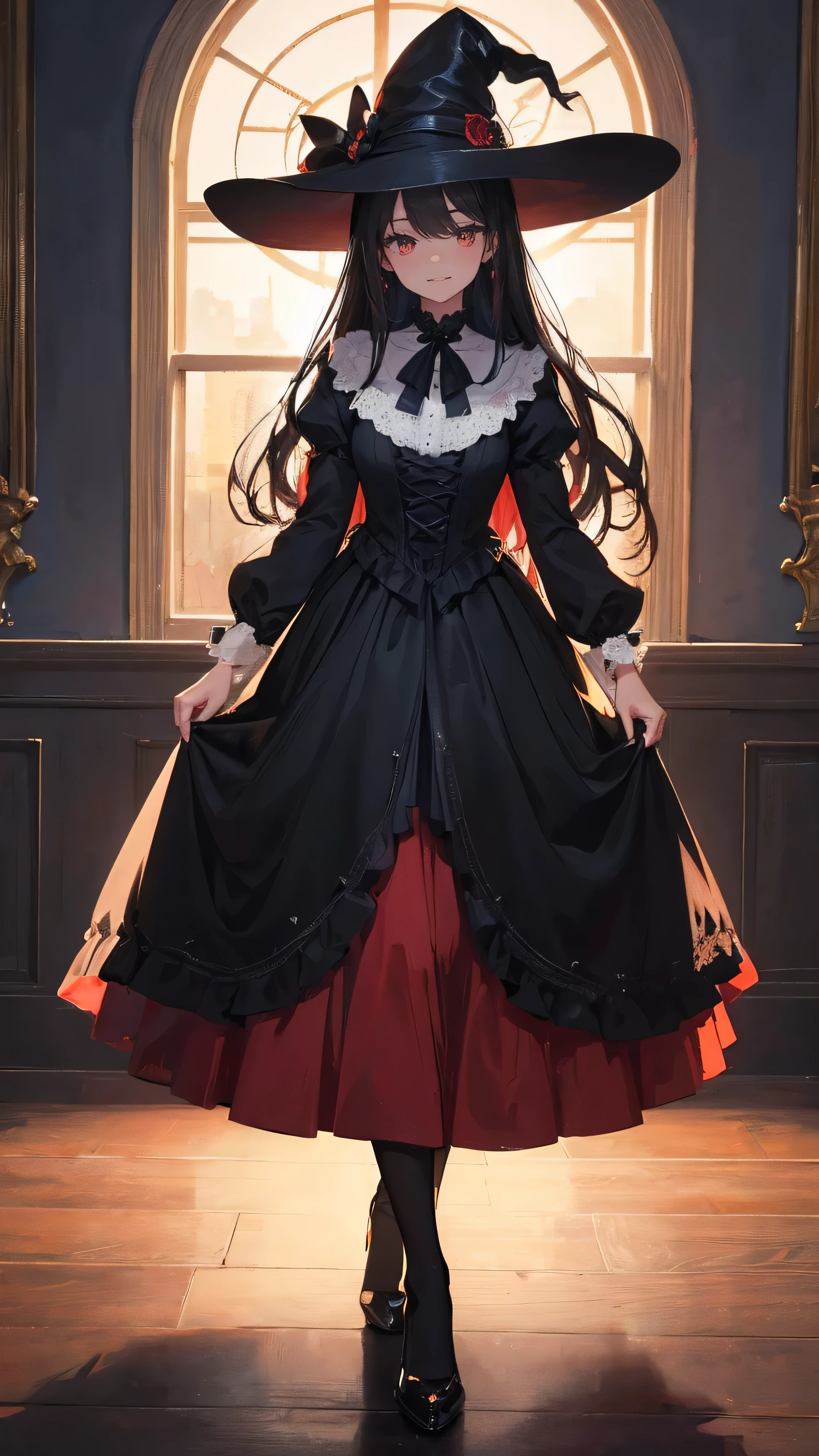 Best Quality,ultra- Details,Red eyes, long-haired girl looks happy ,beautiful Details eyes,beautiful Details lips, long eyelashes, Best Quality portrait Painting, Details, physically-based rendering ,ultra-fine Painting, sex,Painting, witches attending witches' coven 、 magically transformed into cute age witch girls 。,sex changer, witches helping new girl dress up , } looking happy in a stunning black victorian dress , physically-based rendering ,gorgeous dress design,Loose-fitting gown,Details of the elaborate race, rich texture ,Contrast stitching,Delicate ribbon bow,Floral accents,Full skirt,High neckline, Long Sleeve , fitted waistline,Flared cuffs,Lace-up back,Luxury Fabric,Perfect silhouette, High Heels , Red eyes girl,Feminine face,Pointed hat, Long Black Hair , witches helping new girl dress up , I'll help you dress a new girl in that stunning black victorian dress soon, old, Abandoned castle 、 with antique furniture and witch symbols of witchcraft , Kampala , 4K, 8k