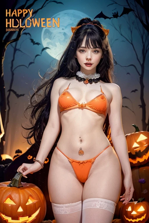 ((top-quality, masterpiece, Highest quality , 8k)), (( perfect body, Beautiful Face,  realistic mid-bust , Facing forward)), ((( colorful color illustration ,  shot from the front,  movie poster  ,  illustration has large letters " happy halloween ":1.3))),  with monsters and cute ghosts in the background , Female Wizard, Wearing purple and orange underwear , Backlight, ponytail, black eyes , Black Hair, Facing forward, Camel Toe 