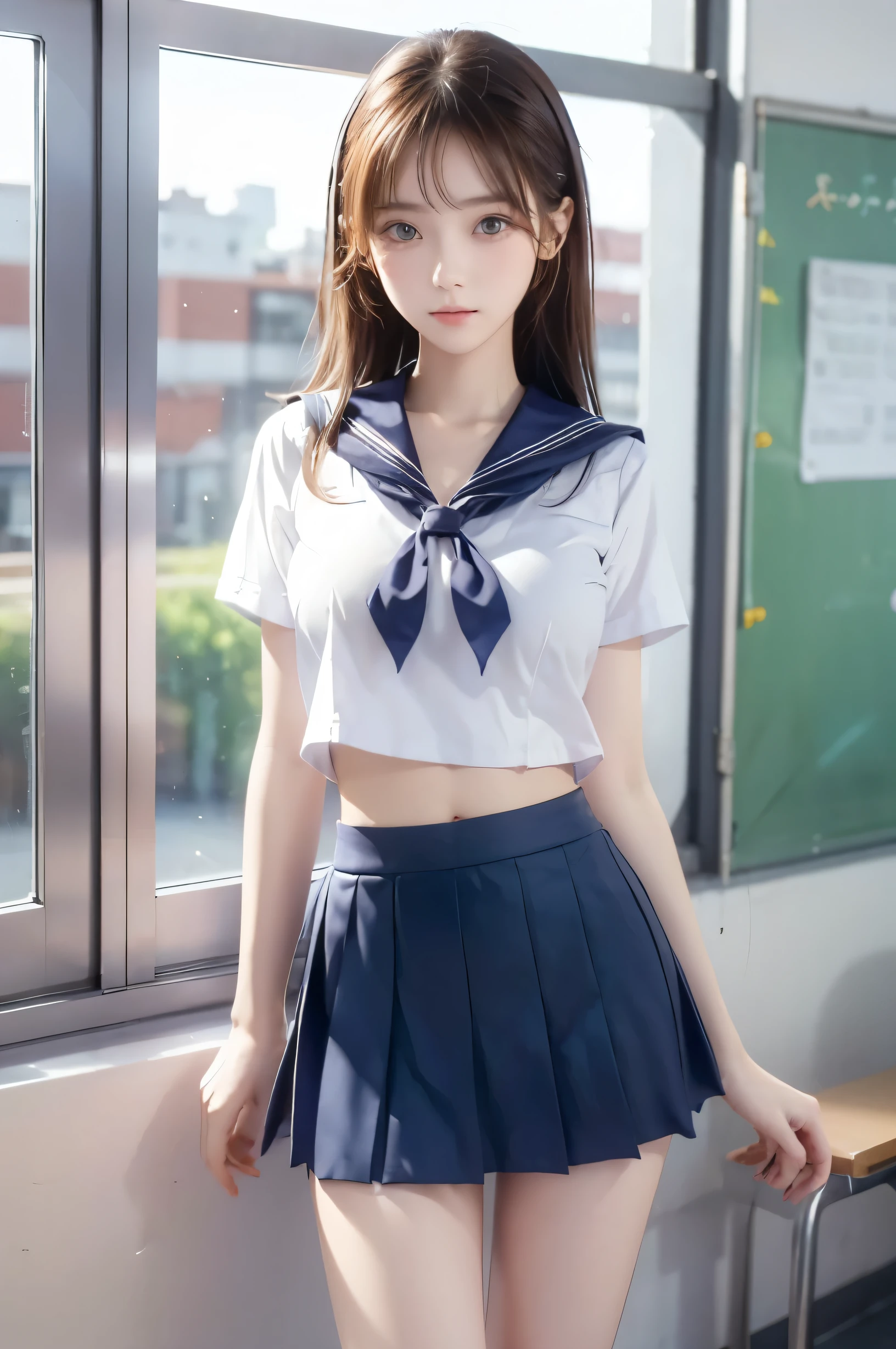 ( super high image quality ), ( is looking over here), (Short-sleeved sailor uniform,  Navy Blue Miniskirt ), Big Breasts, Super beautiful breasts,  slender, (Thin legs:1.2), (Thin thighs:1.2), (Thin Hips:1.4), (Beautiful Skin,  Shiny Skin ,  white skin), (Super slim face, Super beautiful face, No makeup, Smile:0.6), ( light brown hair,  semi-long, Layered Cut,  message window ), (Big eyes:1.3, High corners of the eyes:1.6, double eyelid), (Thin eyebrows:0.1), (Small Nose:0.6), (Thin lips:0.6), Beautiful Hands, Empty-handed,  in the center standing, School classroom