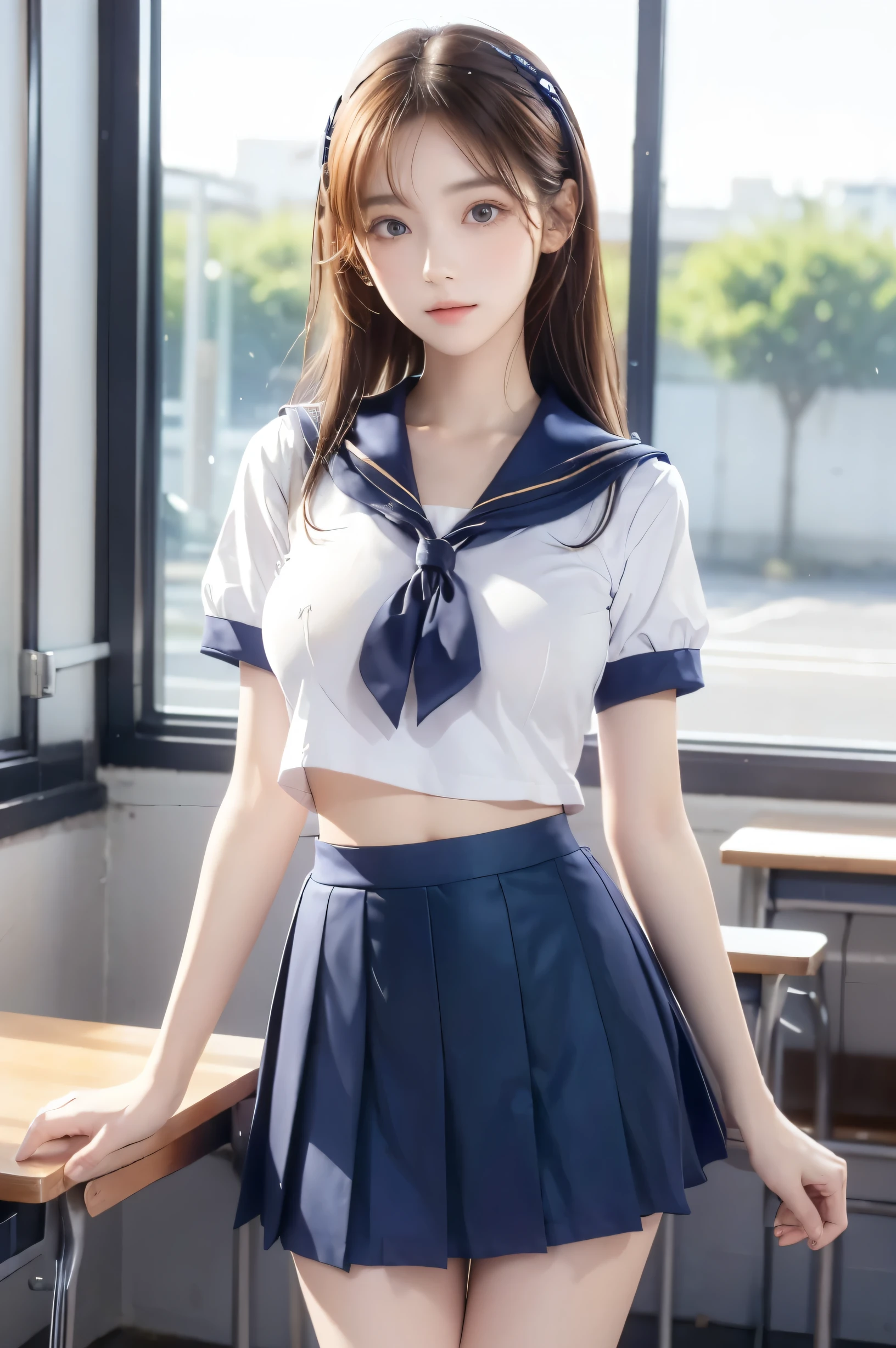 ( super high image quality ), ( is looking over here), (Short-sleeved sailor uniform,  Navy Blue Miniskirt ), Big Breasts, Super beautiful breasts,  slender, (Thin legs:1.2), (Thin thighs:1.2), (Thin Hips:1.4), (Beautiful Skin,  Shiny Skin ,  white skin), (Super slim face, Super beautiful face, No makeup, Smile:0.6), ( light brown hair,  semi-long, Layered Cut,  message window ), (Big eyes:1.3, High corners of the eyes:1.6, double eyelid), (Thin eyebrows:0.1), (Small Nose:0.6), (Thin lips:0.6), Beautiful Hands, Empty-handed,  in the center standing, School classroom