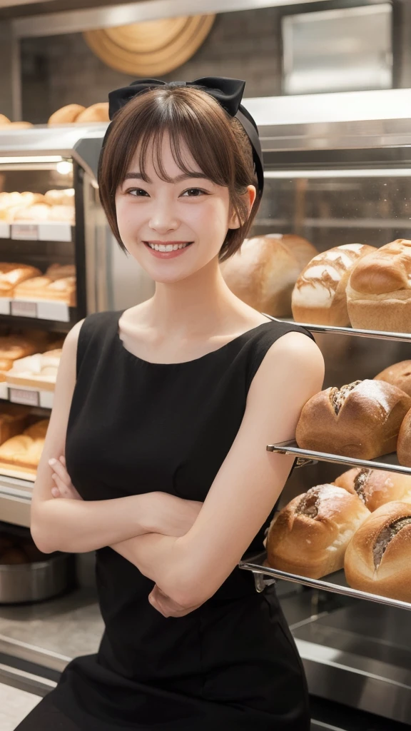 Kiki,1girl,short hair,brown hair,black eyes,hair bow,
looking at viewer,black dress,upper body,closed mouth,smile,head rest,indoors,bakery,bread,food,sitting,counter,table,chair,solo,parody,