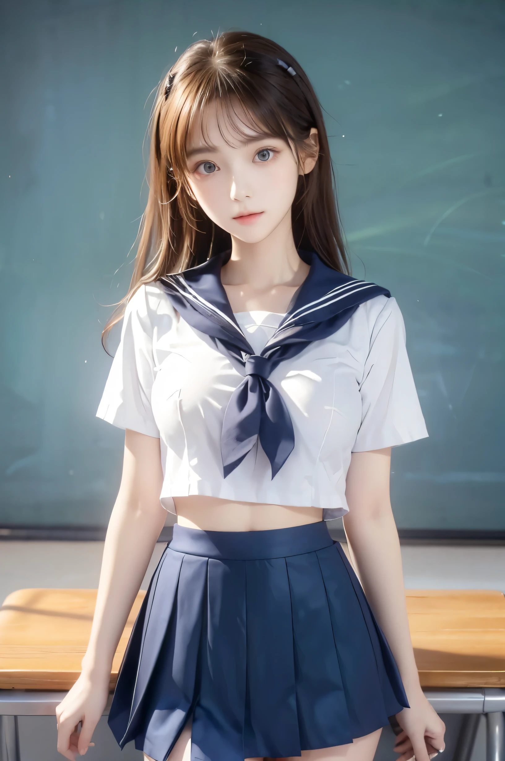 ( super high image quality ), ( is looking over here), (Short-sleeved sailor uniform,  Navy Blue Miniskirt ), Big Breasts, Super beautiful breasts,  slender, (Thin legs:1.2), (Thin thighs:1.2), (Thin Hips:1.4), (Beautiful Skin,  Shiny Skin ,  white skin), (Super slim face, Super beautiful face, No makeup, Smile:0.6), ( light brown hair,  semi-long, Layered Cut,  message window ), (Big eyes:1.3, High corners of the eyes:1.6, double eyelid), (Thin eyebrows:0.1), (Small Nose:0.6), (Thin lips:0.6), Beautiful Hands, Empty-handed,  in the center standing, School classroom