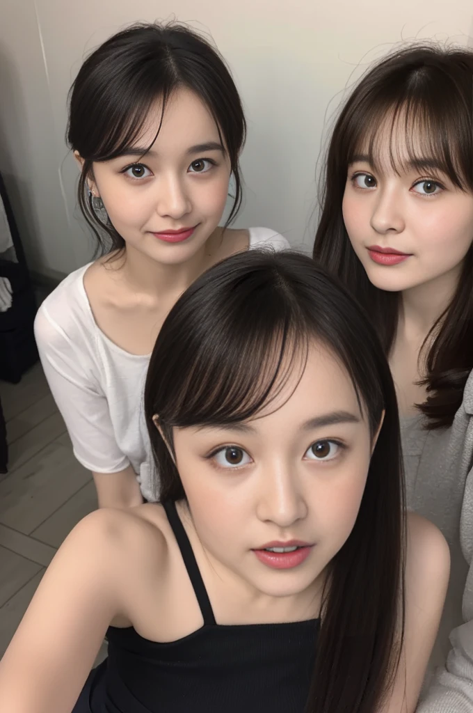 (masterpiece:1.3), (8K, Photoreal, Raw photo, best image quality: 1.4), Japanese high school girl、Similar identical twins、2 girls、(random hairstyle:1.2)、cleavage:1.2、super detail face、eye for details、double eyelid、chest to chest、sharp focus:1.2、Beautiful woman:1.4、light brown hair、highest quality、masterpiece、Super high resolution、(Photoreal:1.4)、Highly detailed and professionally lit smiles、loose and light knitwear, Two girls whose faces, figures, and standing positions are perfectly copied like the virtual image reflected in the mirror and the real image.,To her rightside there is a mirror in which she sees herself., all girls are exactly the same face