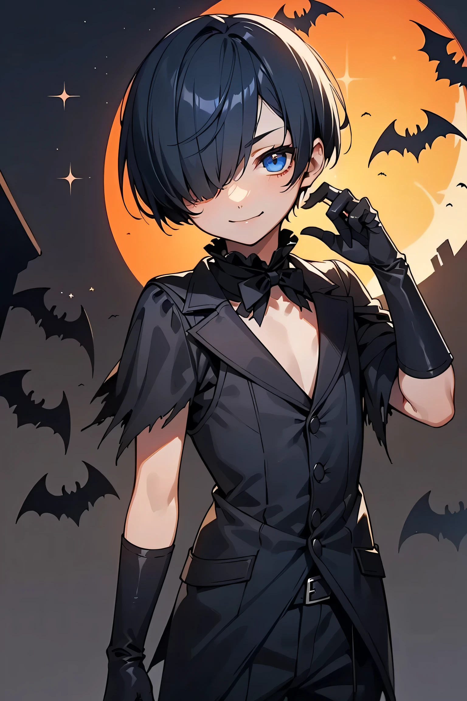   boy、 Asymmetrical bangs 、Bangs covering the right eye、Side Short Hair、 dark blue short hair 、 dark blue hair、 look up with the naked eye 、menswear halloween costume(Bloodborne Hunter Black Orange and Purple Hunter Outfit)、Dark blue eyes、 dark blue hairHair over right eye、A mischievous smile、、Front View、Halloween party background