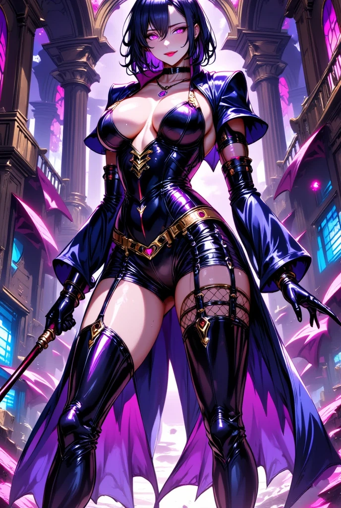  mature beautiful woman ,(Best Quality, very detailed depiction , Incredibly Absurd High Definition , Sharp Teeth Like a Beast ,Curvaceous, contrast between light and dark , Artistic Photography, delicate and dynamic texture ,High quality anime drawings:2.0),( Fitted Patent Leather Outfits :1.5,Black Shiny Clothes 2 .0,Patent leather mini skirt, knee-high socks, High Heel Boots ,Opera Gloves,Leather Choker, fishnet tights),( Shiny Silky Short Hair ,Glowing purple eyes,Crazy Eyes:2.3, Eyes Half Closed :2.0, eyeshadow, big chest,Wicked Smile:2.5,Shiny purple lips,Shadowed face,Seductive gestures, Pottery Skin ),(holding a whip in his hand:2.0),Full body image:2.0, where the opening is ,