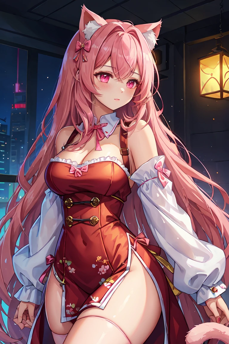 A beautiful young woman with long pink hair and cat ears, wearing a modest outfit, in a high quality, masterpiece digital illustration