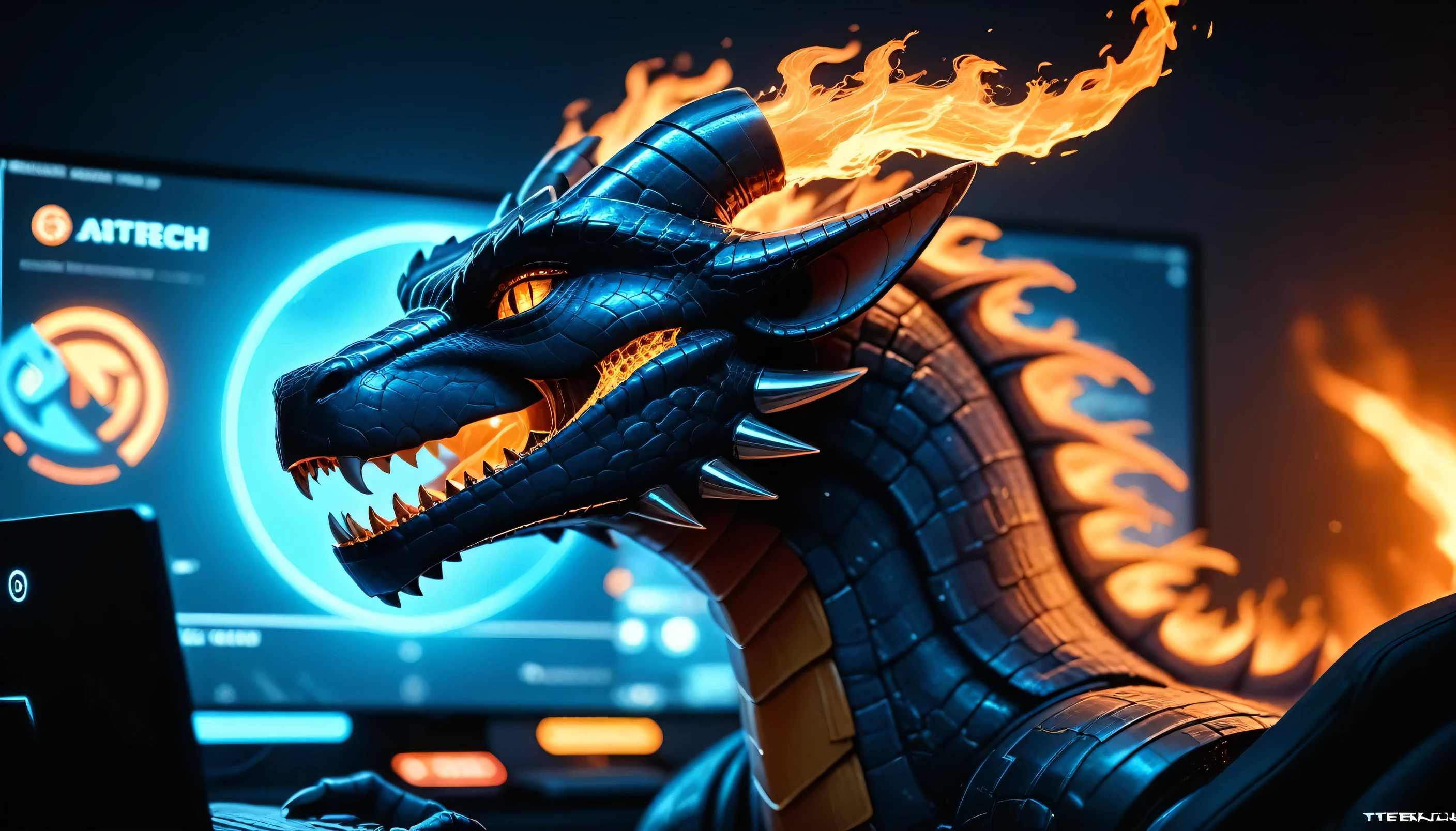 A detailed, high-quality Stable Diffusion prompt for the given topic: logo, VR tech, gaming, text, Dragonfire Production, detailed dragon logo, dragon head, fire breathing, energetic, futuristic, digital art, 8k, sharp focus, cinematic lighting, 3d render, metallic, glowing, neon colors, sleek, minimalist, dynamic composition, powerful, intense, epic, cinematic, fantasy, concept art,