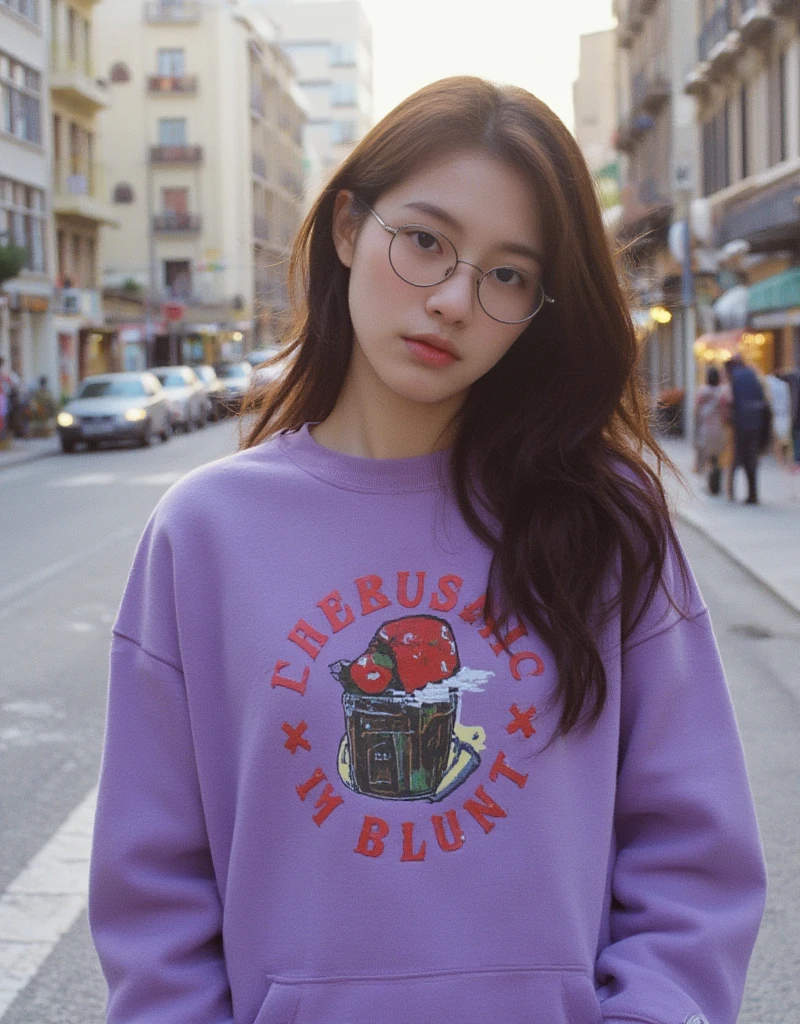 girl, wavy hair, round glasses, purple oversize sweatshirt, city street, 