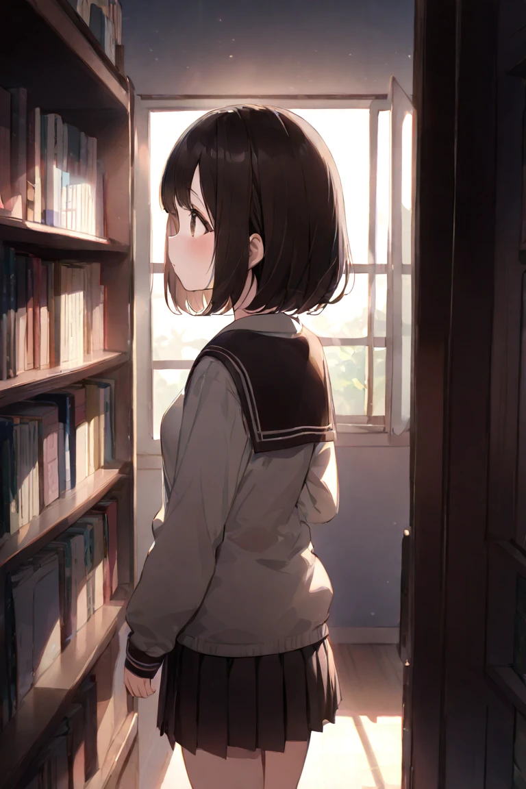 (masterpiece, best quality, hyper detailed:1.2), Thin line drawing, cute, (watercolor:1.2), dark hazy atmosphere,
1girl, 18yo, petite, slender body, medium breasts, fair skin, dark brown bob cut, big droopy eyes, dark brown eyes, 
School uniform, in room, with bookshelf, dark cloudy sky outside the window, looking at window, back shot, standing,