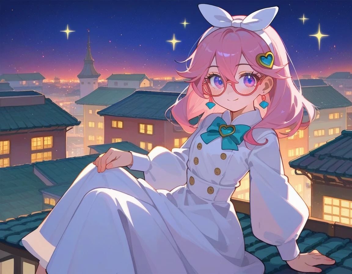  Pink Hair, A moment's sight , Cute Girls,  You're My Sweet Poison ,  Russian Traditional Costumes,  is sitting on the roof,  Pink Hair,  hair between eyes ,  hair ornament,  wore glasses,  bow hair band ,  long eyelashes,  earrings with cups, A light smile,  slightly blush , Anime, Anime style, Pixar,   cinematic lighting at the waterside where Shimizu flows, Sparkle, God&#39;s Rays,  ray tracing,  cowboy shot, close-up, masterpiece,   super detail , Best Quality,  Kampala, 4K