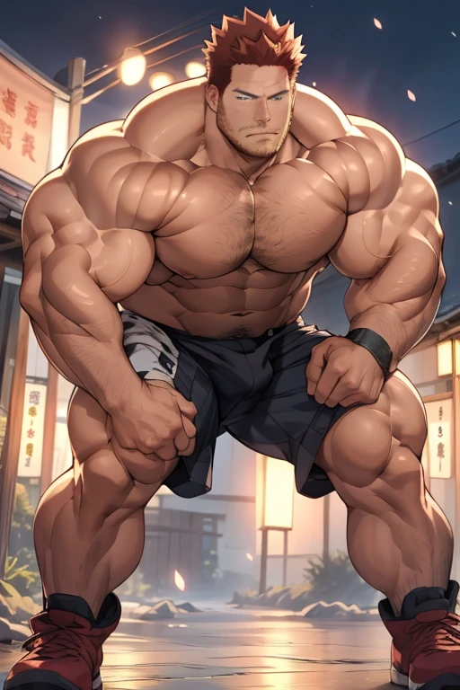 Endeavor from My Hero Academia, covered in flames, full body, Japanese, (7 daddy:1.1), (wearing a black jockstrap), (big shoulders), musculature, strong physique, thick muscler (Detailed body), realistic blue eyes, deadpan,lighting, (Best quality, A high resolution, Photorealistic), Cinematic lighting, Masterpiece, RAW photo, Intricate details, hdr, depth of field,, (realistic:1.4), (from the front), Huge nice genital bulgingl area, Huge bulge, 8K. 4K, The bulge in front is dirty