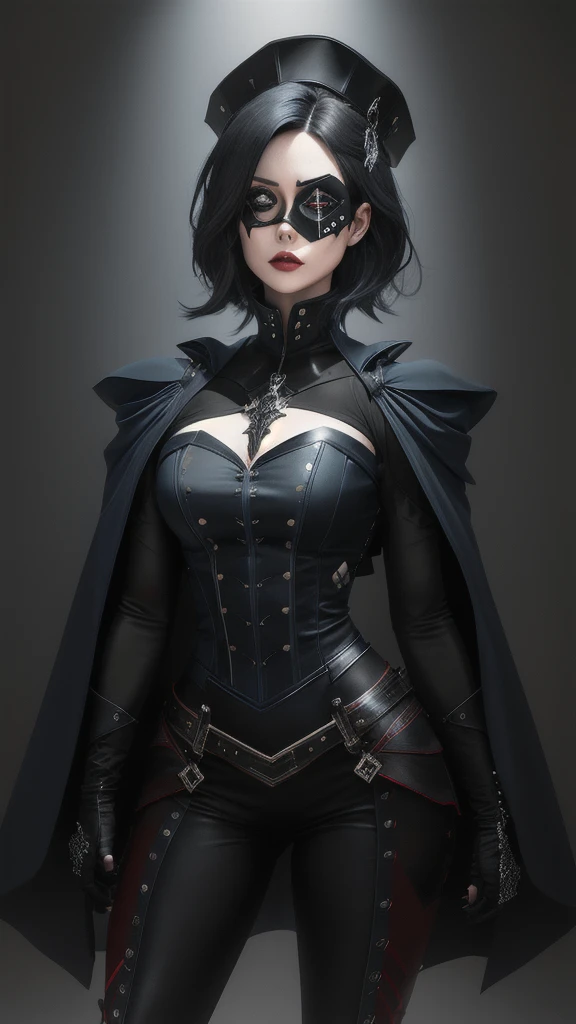 (otherworldly), highly insanely detailed, masterpiece, top quality, best quality, highres, 4k, 8k, RAW photo, (very aesthetic, beautiful and aesthetic), 1girl, (fantasy world)
black_bodysuit black_cape black_cloak black_footwear black_gloves black_hair black_headwear black_pants blunt_bangs bodysuit breasts buttons cape chain cloak closed_mouth covered_navel expressionless full_body gloves gradient gradient_background hand_on_headwear hand_up hat high_heels latex latex_bodysuit legs_apart long_sleeves looking_at_viewer medium_breasts military military_hat pants peaked_cap red_background red_eyes shadow short_hair simple_background skin_tight solo standing tight torn_cape torn_clothes uniform
(masterpiece),((Highly detailed lblack short hair)),((expressive blue eyes)),(Highly detailed black biker outfit),deep cleavage,serious expression,extremely beautiful mature woman, milf,pale white skin,silver jewelry,best quality,cel shading,8K HD,highly detaild face, highly detaild eyes,flat color,(fullbody angle),high contrast,ufotable art style,contrapposto,white background
Tattoo Black Mask SKULL Black Eyepatch Best Quality, UHD, Quality, High Quality, Black Hair, Odd Eye Mesh Color Glowing Light, Cinematic Lighting, Chromatic
