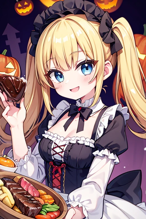 Halloween,A happy smile,Large serving of Steak,large amount of steak,Highest quality,Blonde with blue eyes、****ta、Small breasts、Twin tails、girl&#39;enjoy,smile,bonnet,