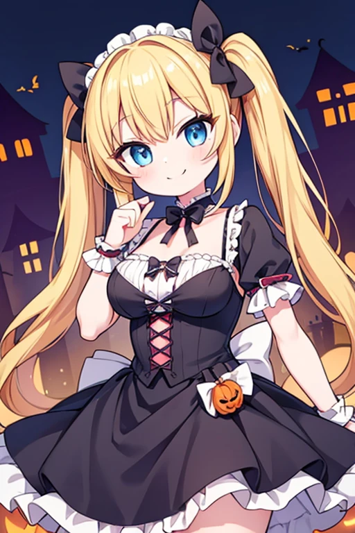 Halloween,A happy smile,Large serving of Steak,large amount of steak,Highest quality,Blonde with blue eyes、****ta、Small breasts、Twin tails、girl&#39;enjoy,smile,bonnet,