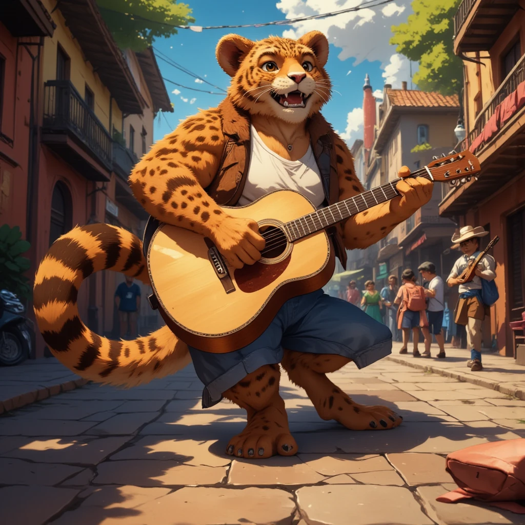 character focus, 1boy, full body, looking away, dynamic angle, a mariachi, middle-aged mexican jaguar man, happy, light smile, costume clothes, guitar, shirt, pants, standing, musical performance, dynamic pose, BREAK full body in Michelangelo Buonarroti style, housamo style, digital illustration anime, detailed painting landscape, mexican street, outdoor, full color, HDR, BREAK complete anatomy, perfect proportions, beautiful thigh gap, fluffy body, intricate fur details, beautiful fur texture, BREAK a detailed jaguar 1tail, detailed toe, 5toes, 5toes nails, beautiful foot, detailed hands, 5fingers, 5fingers nails, BREAK aesthetic anime face, insanity detailed face, male face, big face, square jawline, aesthetic anime eyes, detailed brown eyes, detailed brown cornea, detailed dark brown irises, detailed pupils, male eyes, big eyes, male eyebrows, innocent look, beautiful beard, BREAK masterpiece, official art, best quality, very aesthetic, absurdres, super fine illustration, great quality, BREAK noise reduction, very highres, large filesize, high quality, 32K, 8k wallpaper, dynamic lighting, BREAK insanity detailed, ultra detailed, intricate details, extremely detailed, detailed texture, an extremely delicate and beautiful, BREAK e621 illustration, osukemo, kemohomo, anthropomorphic, furry, cartoon, harmonious body, pastoral face, virtuous eyes, happy atmosphere