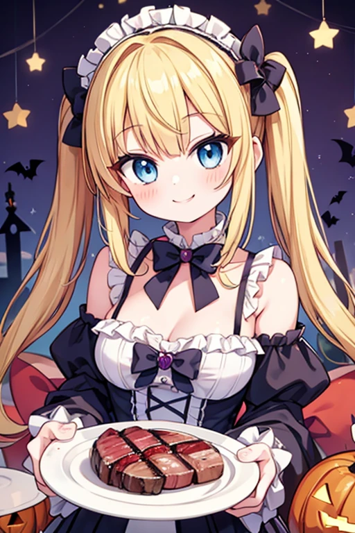 Halloween,A happy smile,Large serving of Steak,large amount of steak,Highest quality,Blonde with blue eyes、****ta、Small breasts、Twin tails、girl&#39;enjoy,smile,bonnet,