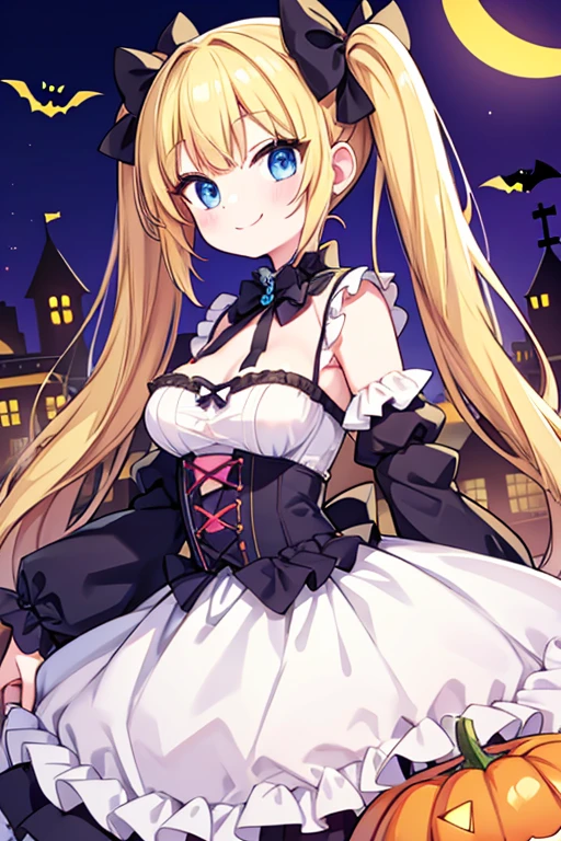 Halloween,A happy smile,Large serving of Steak,large amount of steak,Highest quality,Blonde with blue eyes、****ta、Small breasts、Twin tails、girl&#39;enjoy,smile,bonnet, playful smile 