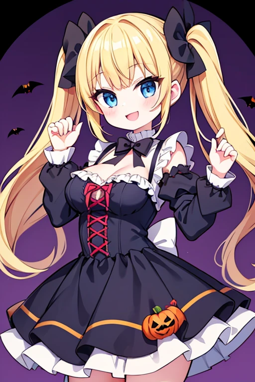 Halloween,A happy smile,Large serving of Steak,large amount of steak,Highest quality,Blonde with blue eyes、lolita、Small breasts、Twin tails、girl&#39;enjoy,smile,bonnet, playful smile 