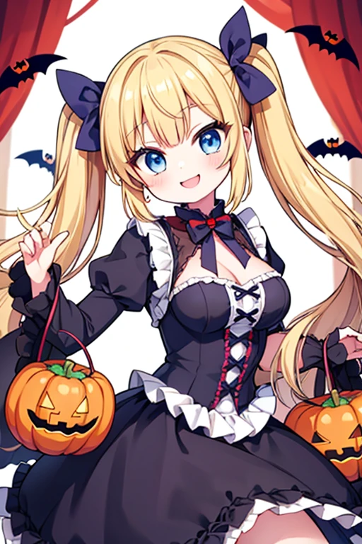 Halloween,A happy smile,Large serving of Steak,large amount of steak,Highest quality,Blonde with blue eyes、lolita、Small breasts、Twin tails、girl&#39;enjoy,smile,bonnet, playful smile 