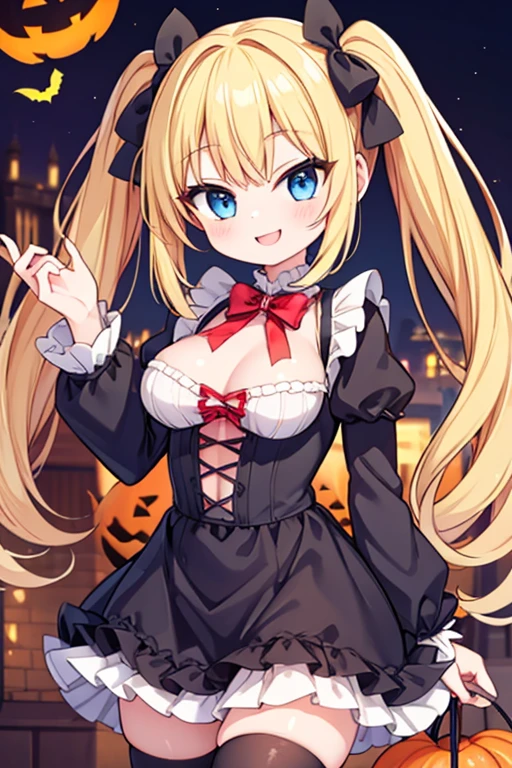 Halloween,A happy smile,Large serving of Steak,large amount of steak,Highest quality,Blonde with blue eyes、****ta、Small breasts、Twin tails、girl&#39;enjoy,smile,bonnet,