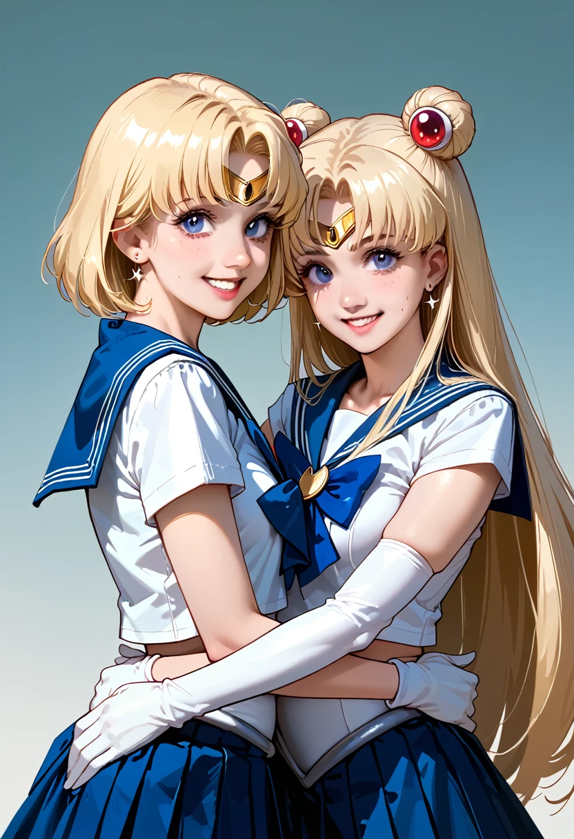  masterpiece , The best quality, absurdities, perfect anatomy, 1girl, only, SMMoon, 1990's \(style\), Blonde Sailor Moon, Standing, They are smiling, Cowboy shot, Sailor Senshi Uniform, Sailor collar, blue skirt,  elbow gloves , in back position, Show off your loot, backwards, No hay tanga Big Booty, Ultra miniskirt