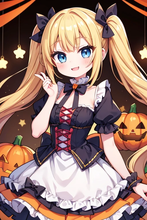 Halloween,A happy smile,Large serving of Steak,large amount of steak,Highest quality,Blonde with blue eyes、lolita、Small breasts、Twin tails、girl&#39;enjoy,smile,bonnet, playful smile ,