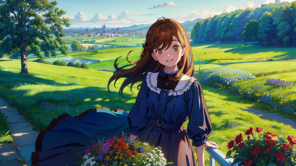 masterpiece,Highest quality,One Girl,The hair color is brown, brown eyes, smile，Gradient Hair,countryside,Cityscape,night,Flowers and plants,blue sky,scenery,afternoon,Light Perception,Soft night,