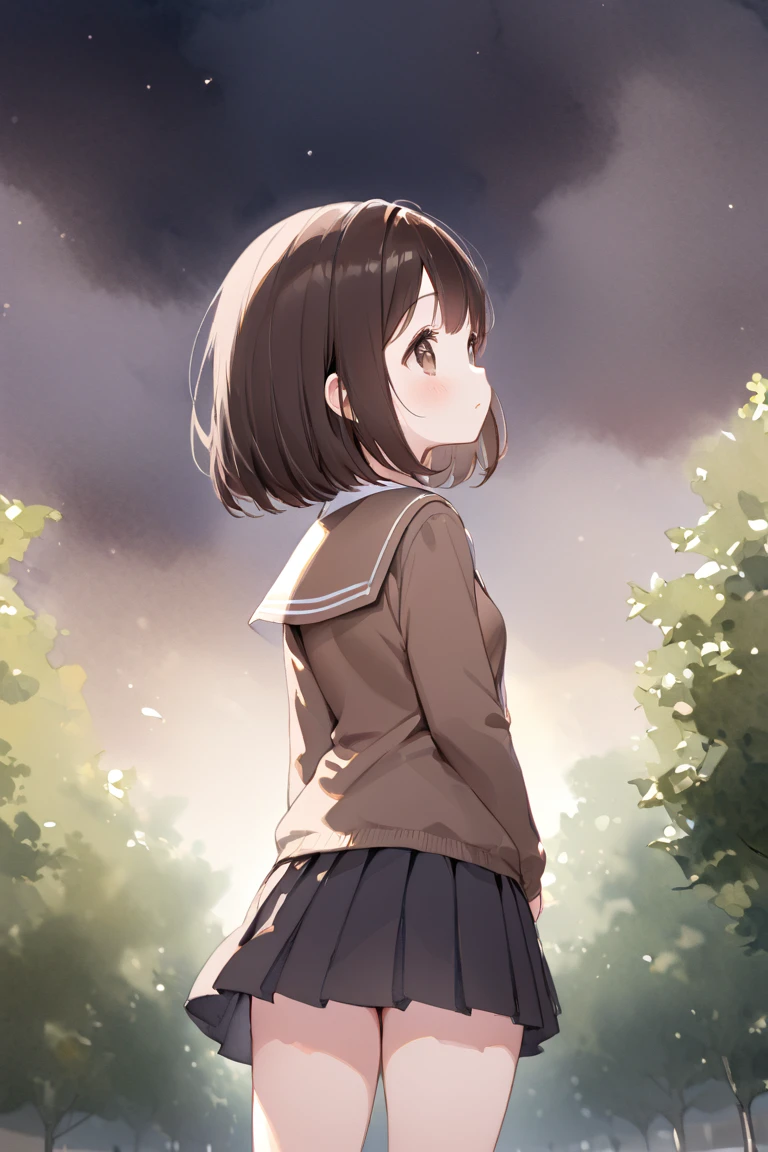 (masterpiece, best quality, hyper detailed:1.2), Thin line drawing, cute, (watercolor:1.2), dark hazy atmosphere,
1girl, 18yo, petite, slender body, medium breasts, fair skin, dark brown bob cut, big droopy eyes, dark brown eyes, 
school uniform, in park, dark cloudy sky, looking up, back shot, standing,