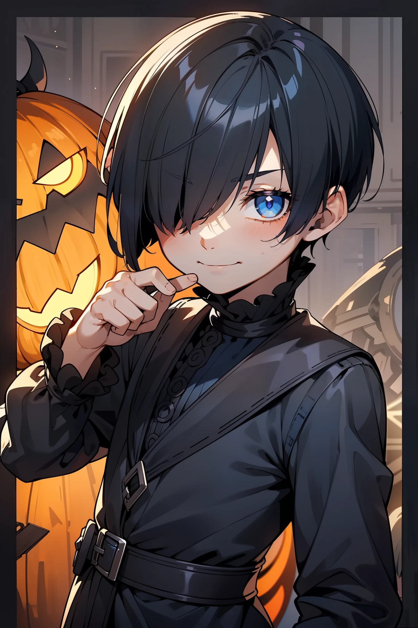   boy、 Asymmetrical bangs 、Bangs covering the right eye、Side Short Hair、 dark blue short hair 、 dark blue hair、 look up with the naked eye 、menswear halloween costume(Bloodborne Hunter Black Orange and Purple Hunter Outfit)、Dark blue eyes、 dark blue hairHair over right eye、A mischievous smile、、Front View、Halloween party background