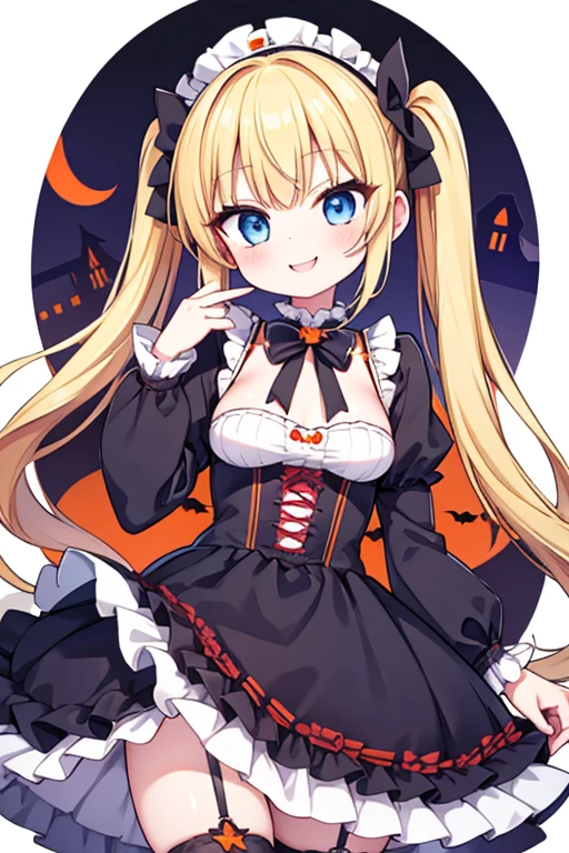 Halloween,A happy smile,Large serving of Steak,large amount of steak,Highest quality,Blonde with blue eyes、lolita、Small breasts、Twin tails、girl&#39;enjoy,smile,bonnet, playful smile ,Large serving of steak